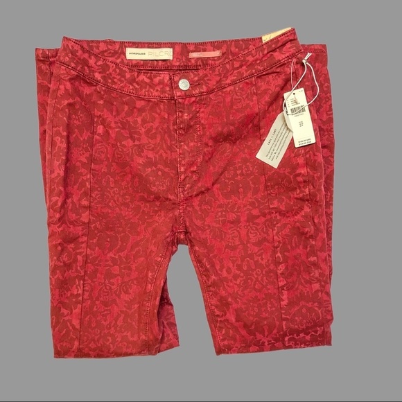 💛 27 💛 NWT Anthro Pants Flocked High Rise Thick Leggings Floral Red - Picture 2 of 9